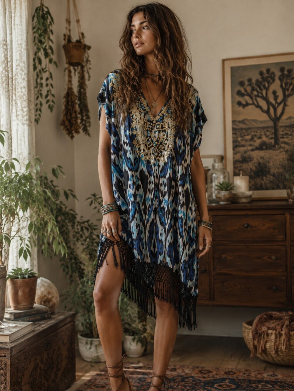 Figue Boho Beaded Blue Ikat Kaftan Fringe Dress Embellished NEW